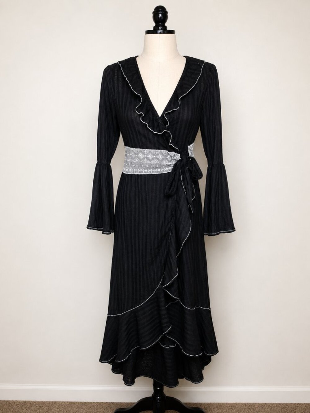 RIVER Island Resort Ruffle Swimwear Cover Up Robe Bell Sleeve Goth DYED Stripe